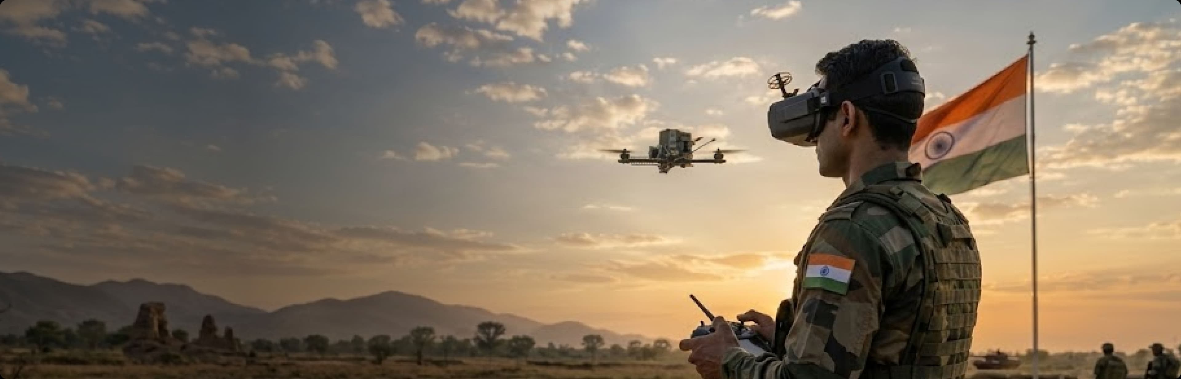 Indian Army operator flying an FPV drone beside the national flag at sunset